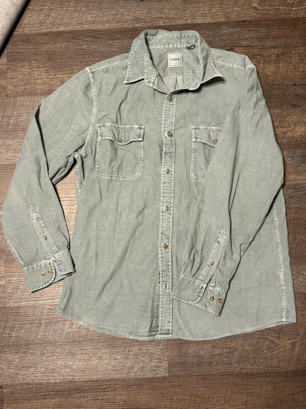 ROWM Men's Light Sage 100% Cotton Corduroy Button-Up Sz L
